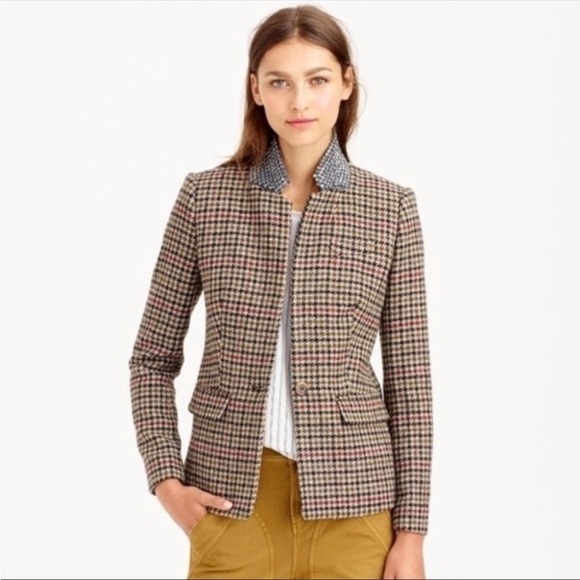 J.Crew Blazer Regent Wool Houndstooth Tan Jewel Jacket Sz 0 - Picture 1 of 10